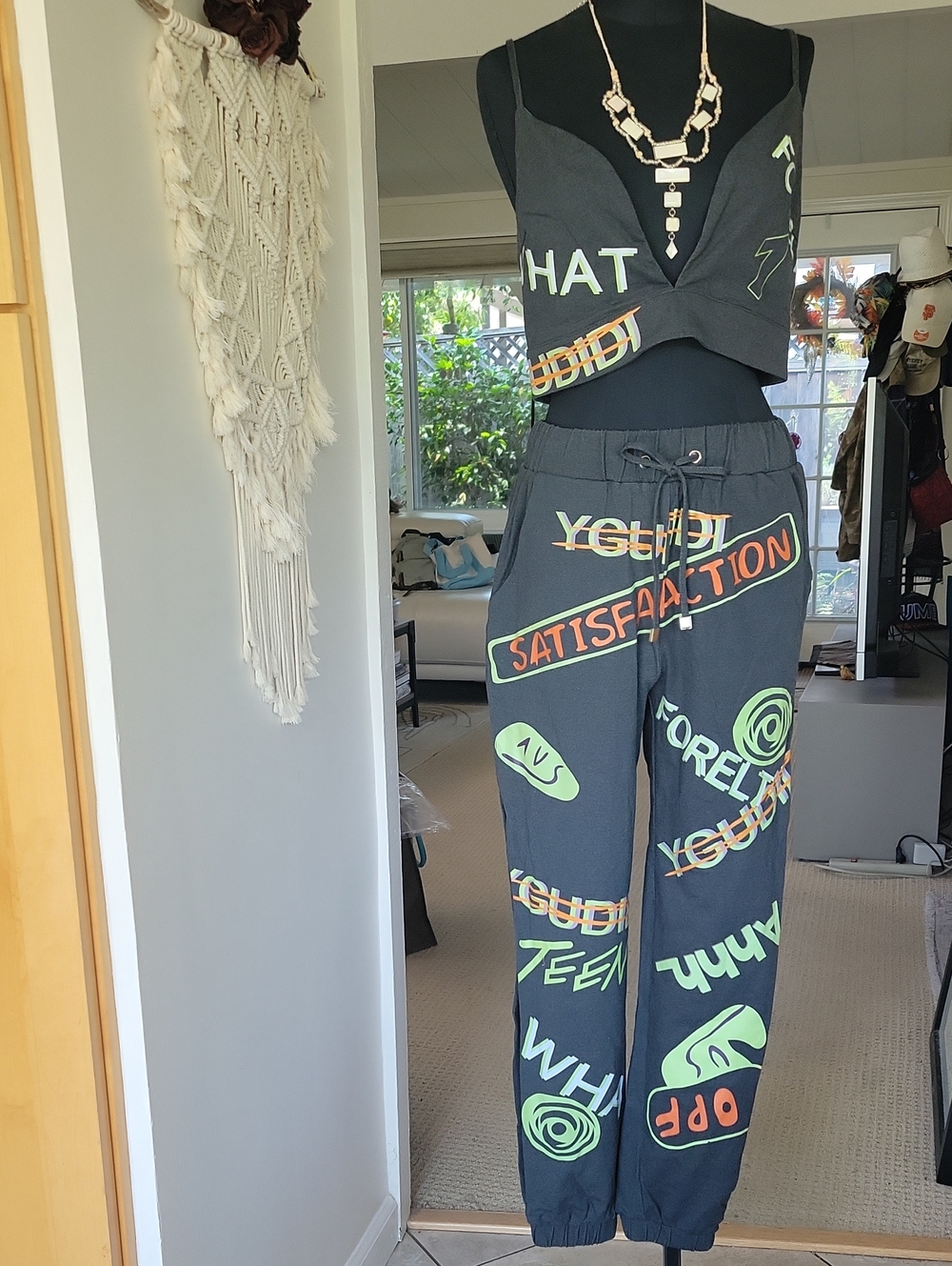 Graphic Print Jumpsuit 3-Pce Set - Dark Gray with Neon Green & Orange